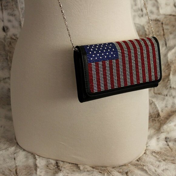 Patriotic Red White Blue Rhinestone Bling Black Hobo Crossbody Mini Shoulder Bag - Picture 9 of 11